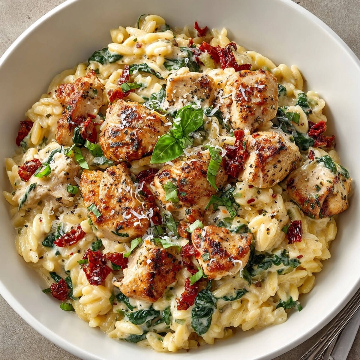 Creamy Tuscan Chicken Orzo Skillet served hot in a large pan with fresh basil garnish.