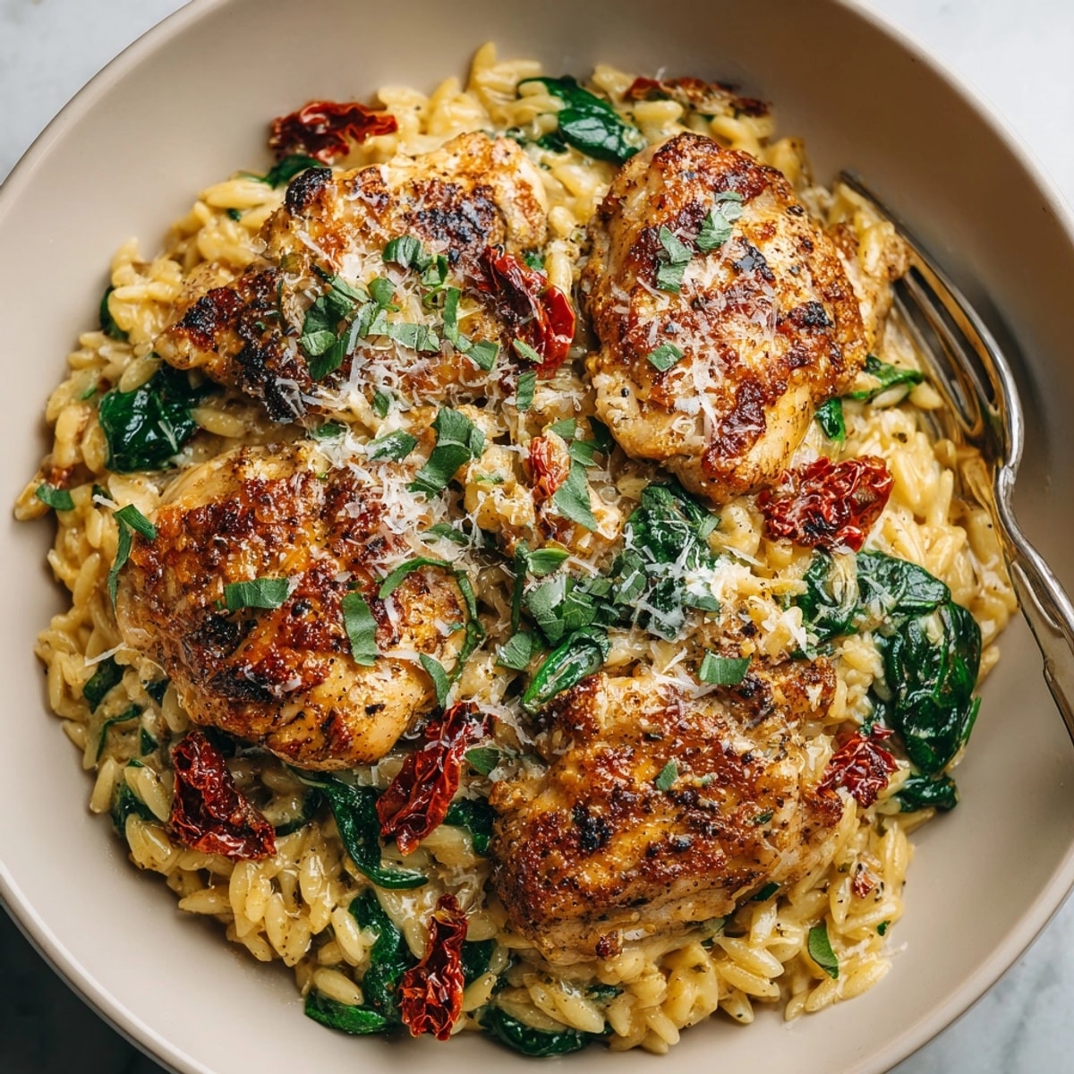One-pot Creamy Tuscan Chicken Orzo Skillet featuring golden seared chicken, creamy sauce, and spinach.