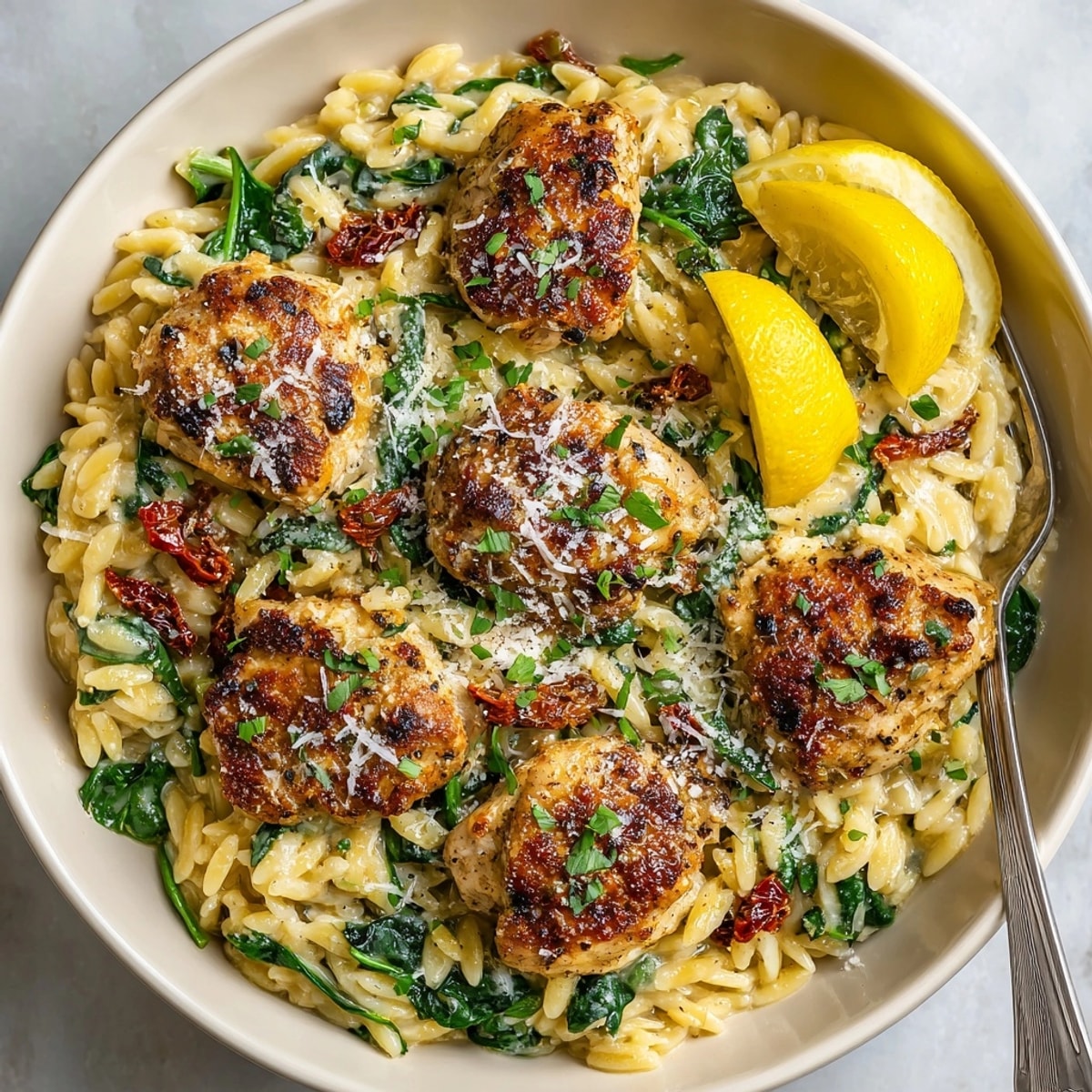 Close-up of Creamy Tuscan Chicken Orzo Skillet with sun-dried tomatoes and Parmesan, ready for serving.