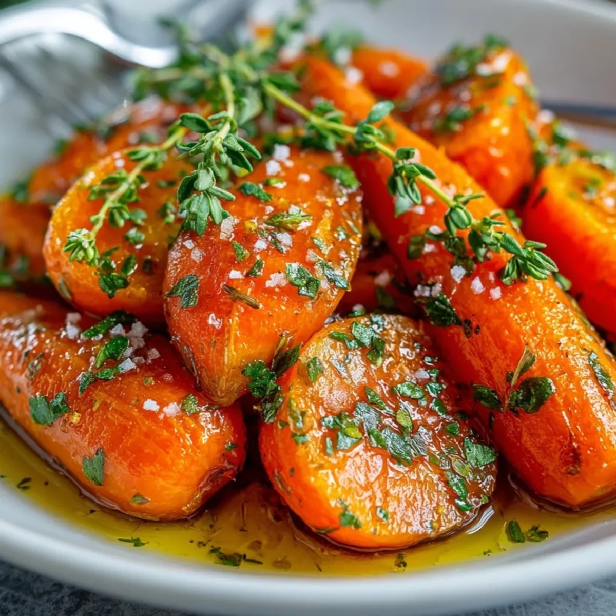 Honey Balsamic Glazed Carrots with Fresh Herbs glistening on a platter, sprinkled with parsley and thyme.