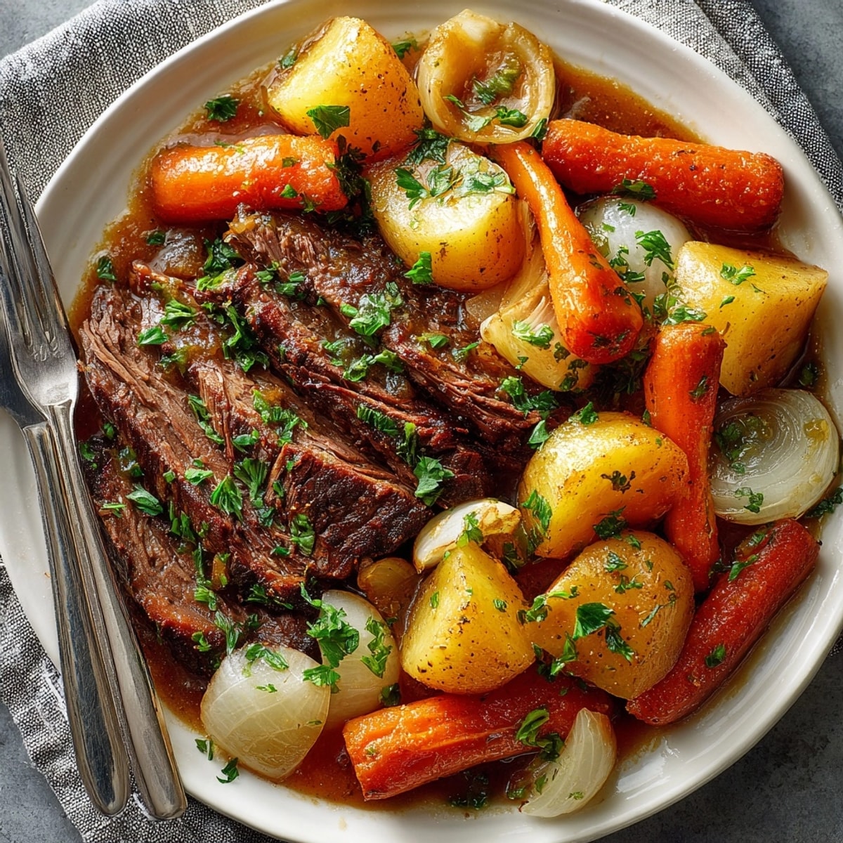 Slow-braised Classic Beef Pot Roast with Root Vegetables on a platter, perfect for cozy family dinner.
