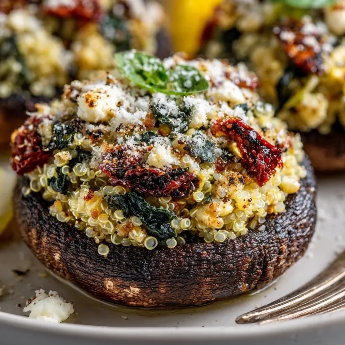 Oven-roasted Mediterranean Stuffed Portobello Mushrooms with golden cheese topping, served hot on a dinner plate.