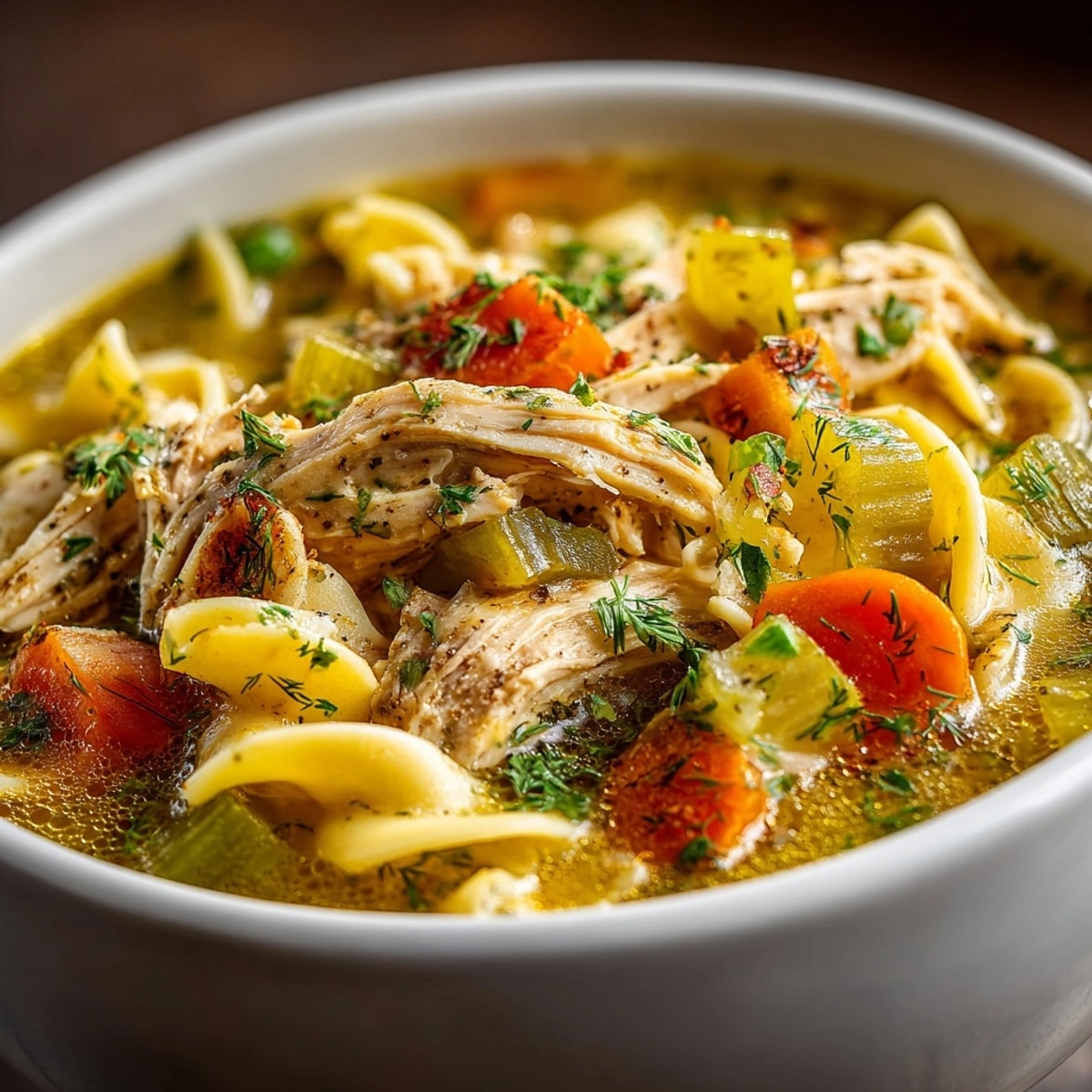 Steaming bowl of one-pot dill pickle chicken noodle soup, garnished with fresh dill and ready to enjoy.