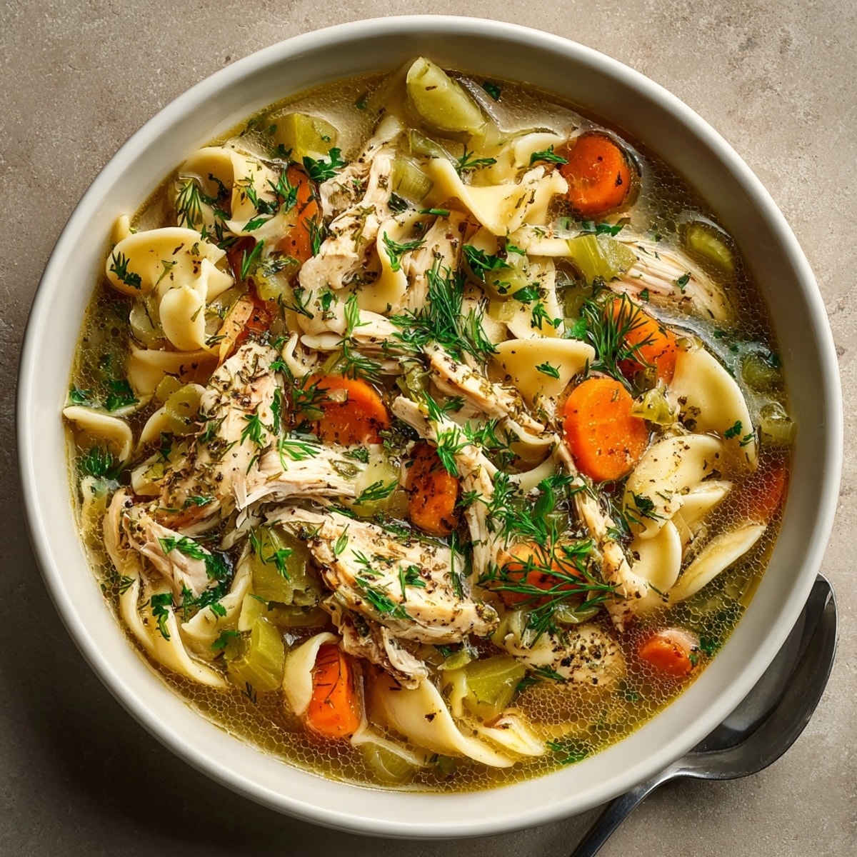 Rustic wooden table featuring a hearty serving of warm one-pot dill pickle chicken noodle soup, perfect for a cozy meal.