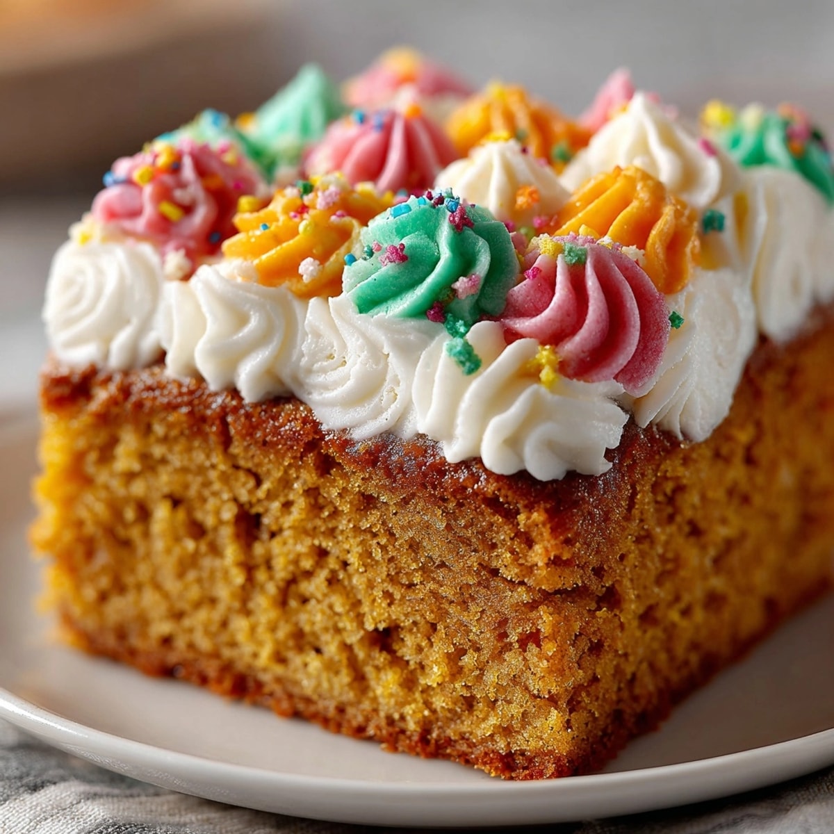A large, frosted Chaos Cake Cinnamon-Maple Pumpkin Slab, ready to be sliced and served at a fall gathering.