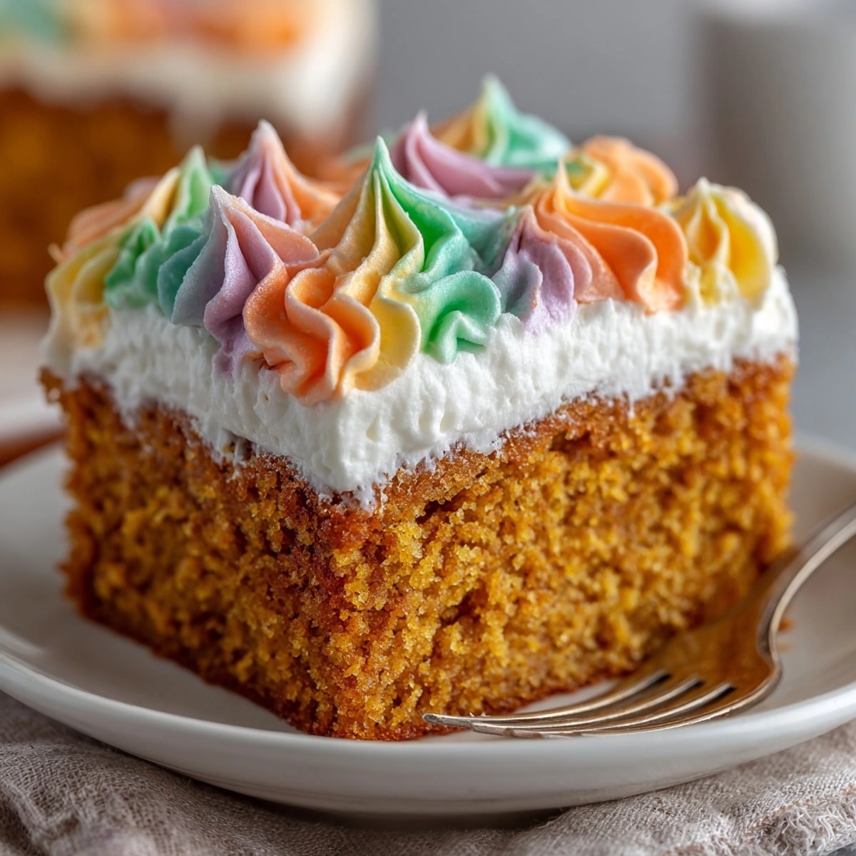 Overhead shot showing a delicious Chaos Cake Cinnamon-Maple Pumpkin Slab with white buttercream scribbles and drizzled maple.