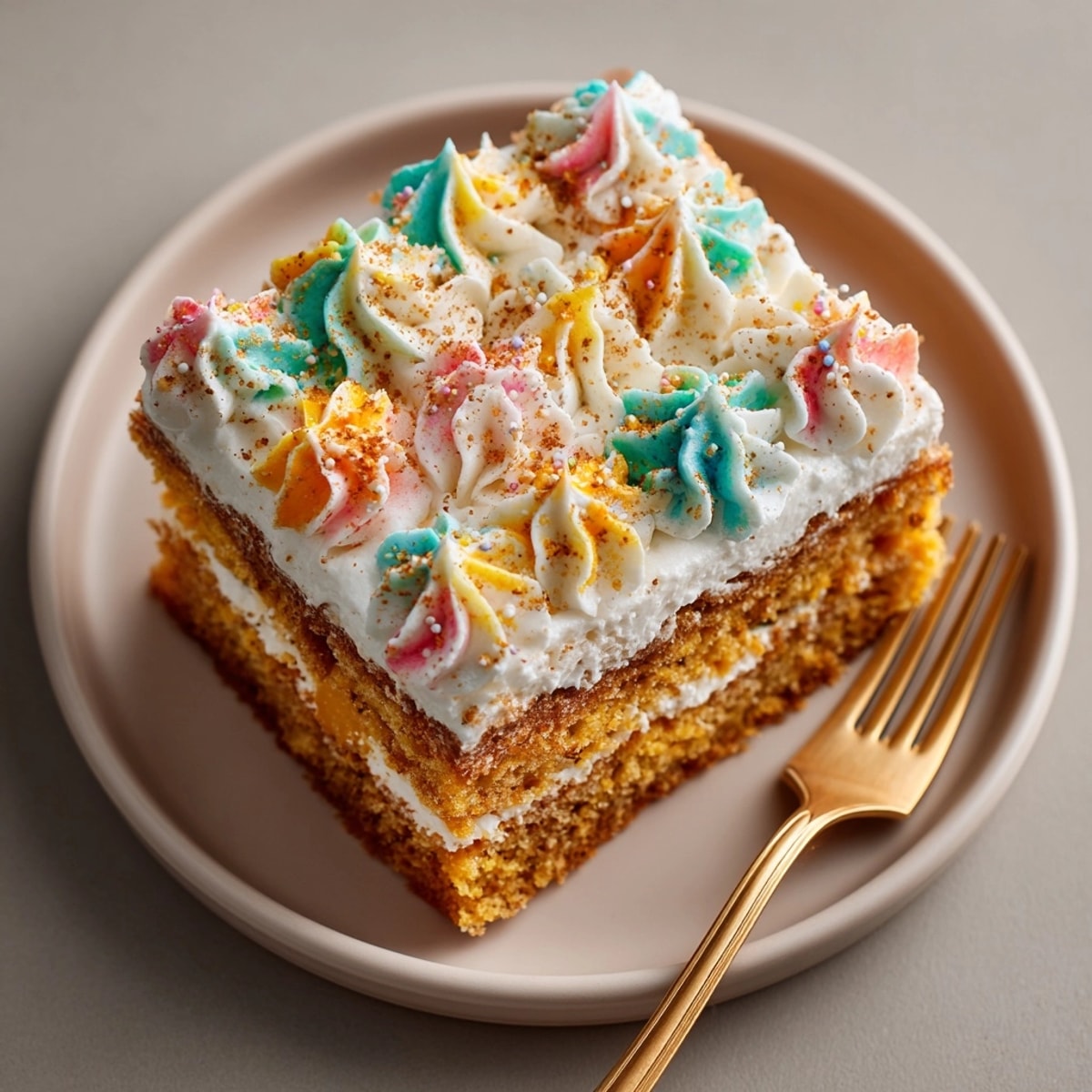 Close-up of the moist Chaos Cake Cinnamon-Maple Pumpkin Slab, perfect dessert with playful buttercream scribbles on top.