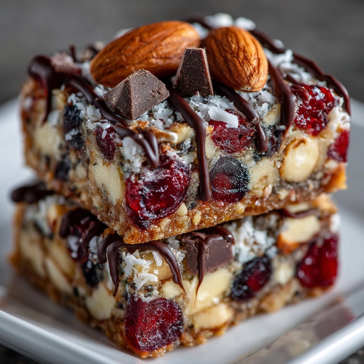 Vibrant close-up of Cherry-Coded Dark Chocolate Cranberry Energy Squares with visible chocolate drizzle.
