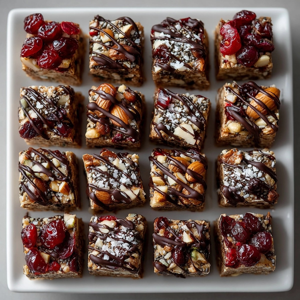 These delicious Cherry-Coded Dark Chocolate Cranberry Energy Squares feature visible dried fruit and crunchy nuts.