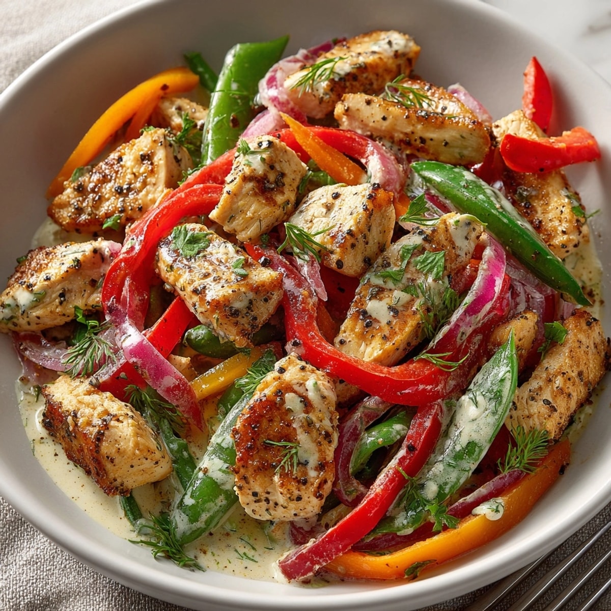 Tender 20-Minute Dill Ranch Chicken Stir-Fry, showcasing vibrant vegetables and creamy dill sauce for dinner.