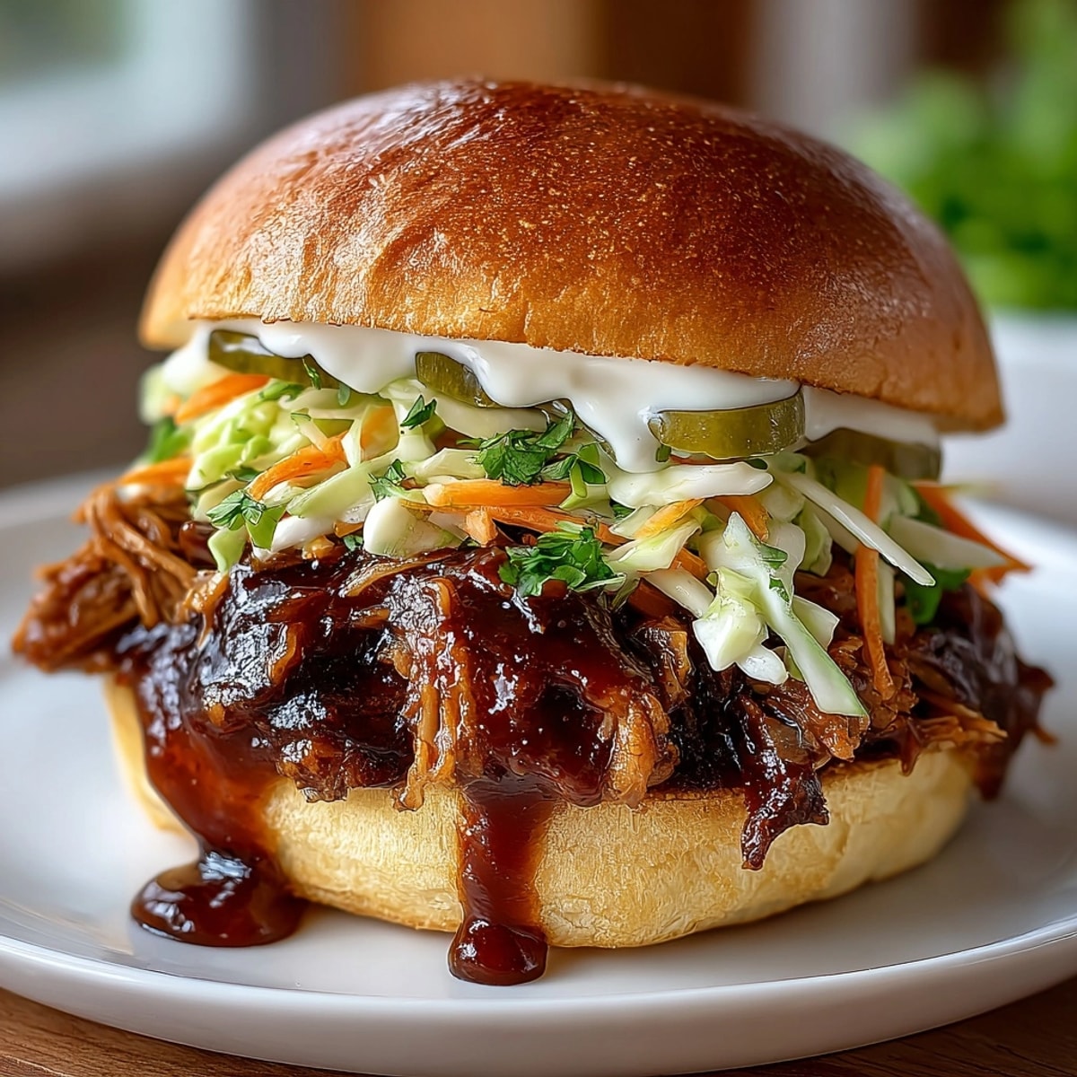 Juicy Rebel Float Root Beer BBQ pulled chicken sliders, stacked high with creamy, colorful slaw on toasted buns.