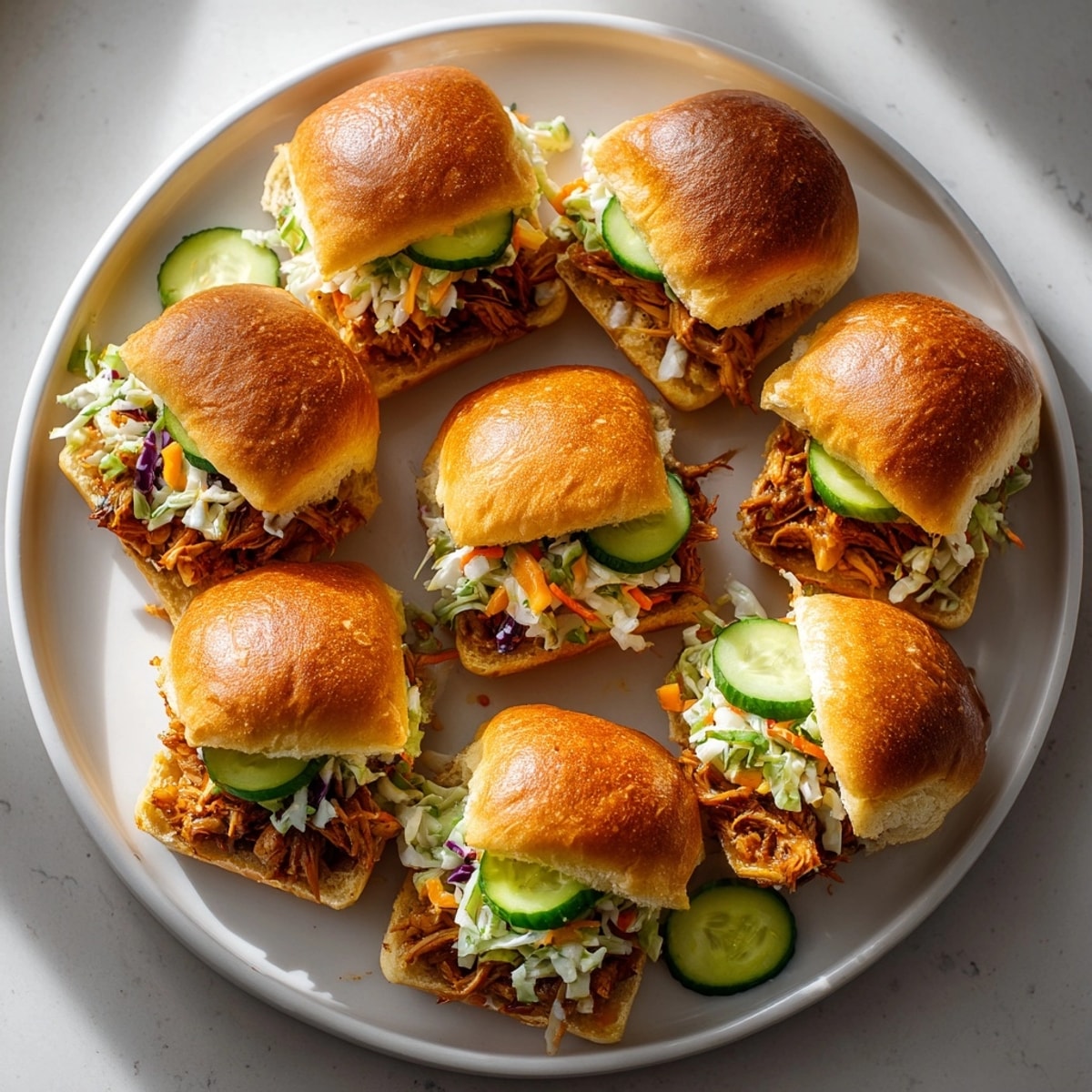 Close-up of mouthwatering Rebel Float Root Beer BBQ pulled chicken sliders, perfect for a relaxed cookout feast.