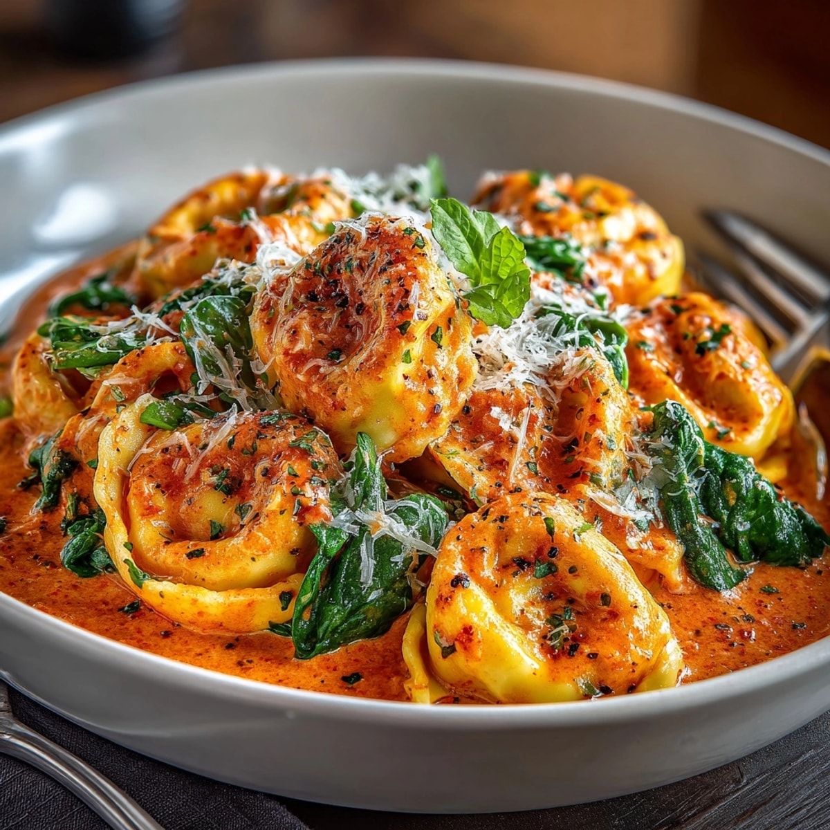 One-Pot Creamy Tomato Tortellini with Spinach, a comforting bowl of creamy pasta with vibrant spinach.