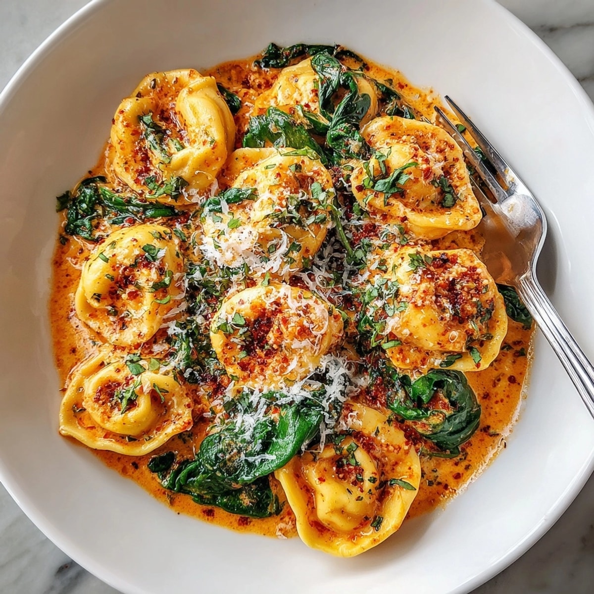 A close-up of the One-Pot Creamy Tomato Tortellini, showcasing the rich tomato sauce and tender tortellini.