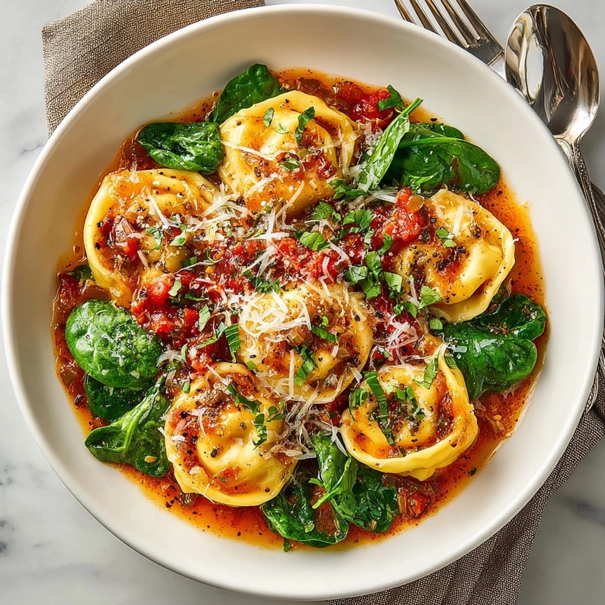 This photo offers a view of a delicious One-Pot Creamy Tomato Tortellini dish, ready to be served.