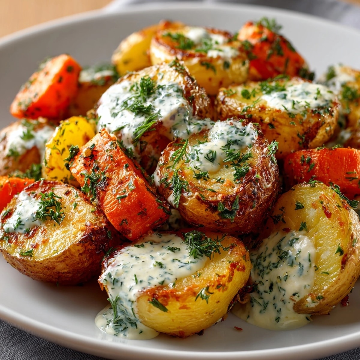 Golden, roasted sheet-pan dill pickle ranch potatoes & carrots ready to serve; a flavorful vegetarian side.