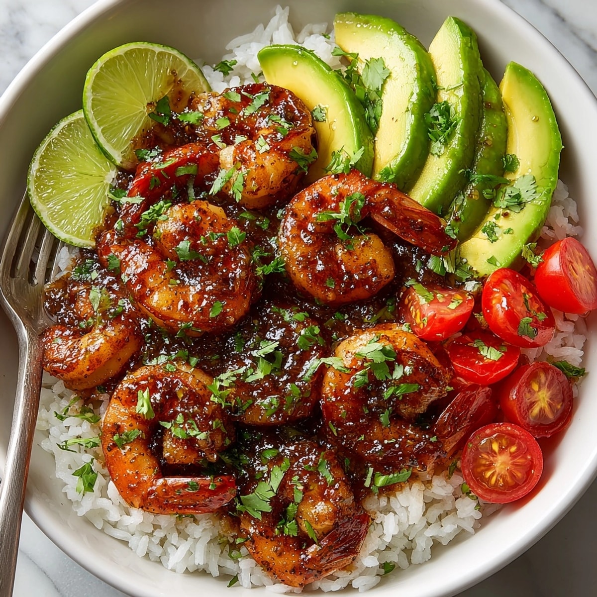 Vibrant cherry chipotle shrimp rice bowls: a close-up showing the glazed shrimp atop fluffy rice.