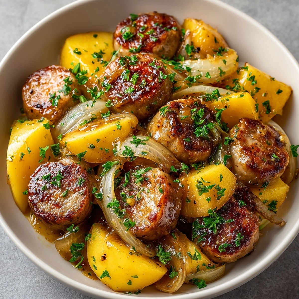 One-Pot Maple Dijon Sausage, Apples & Potatoes: a comforting, golden-brown dish with tender vegetables.