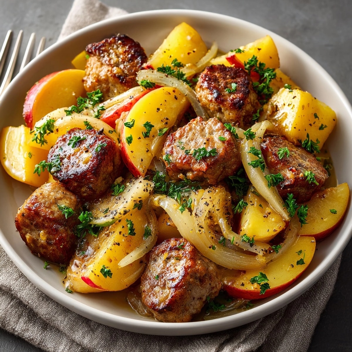 Sizzling One-Pot Maple Dijon Sausage, Apples & Potatoes, promising warm flavors with every bite.