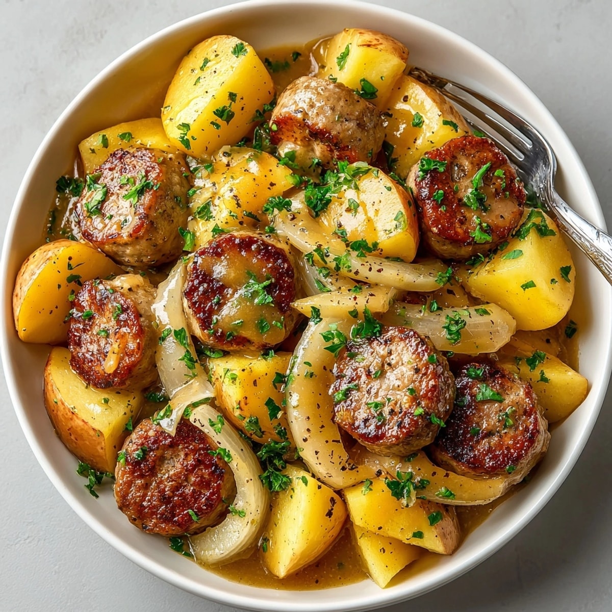 Beautifully cooked One-Pot Maple Dijon Sausage, Apples & Potatoes, with glistening sauce and fresh parsley.