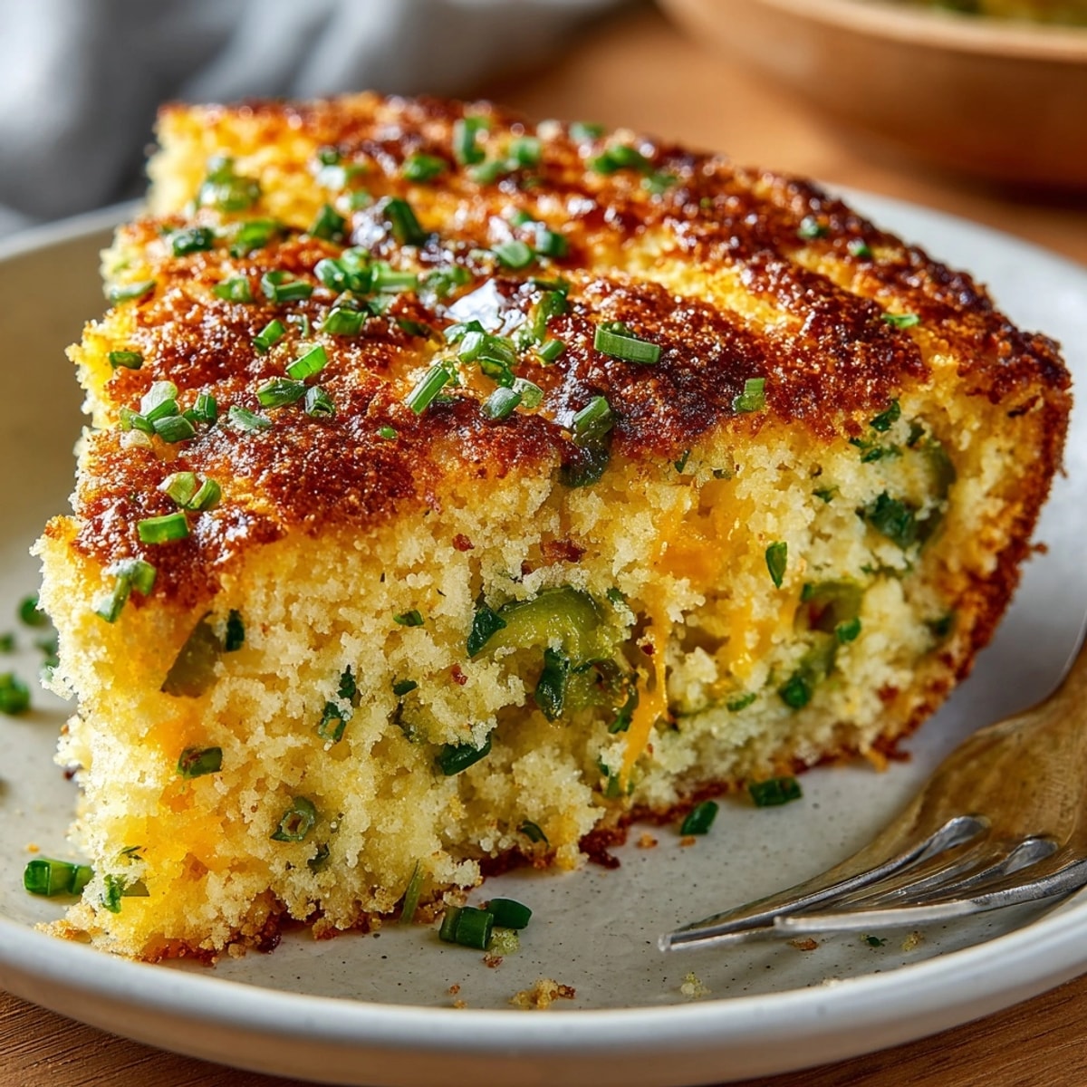 Golden-brown Pickle-Fix Jalapeño Cornbread Skillet, packed with cheese and jalapeños; ready to serve.