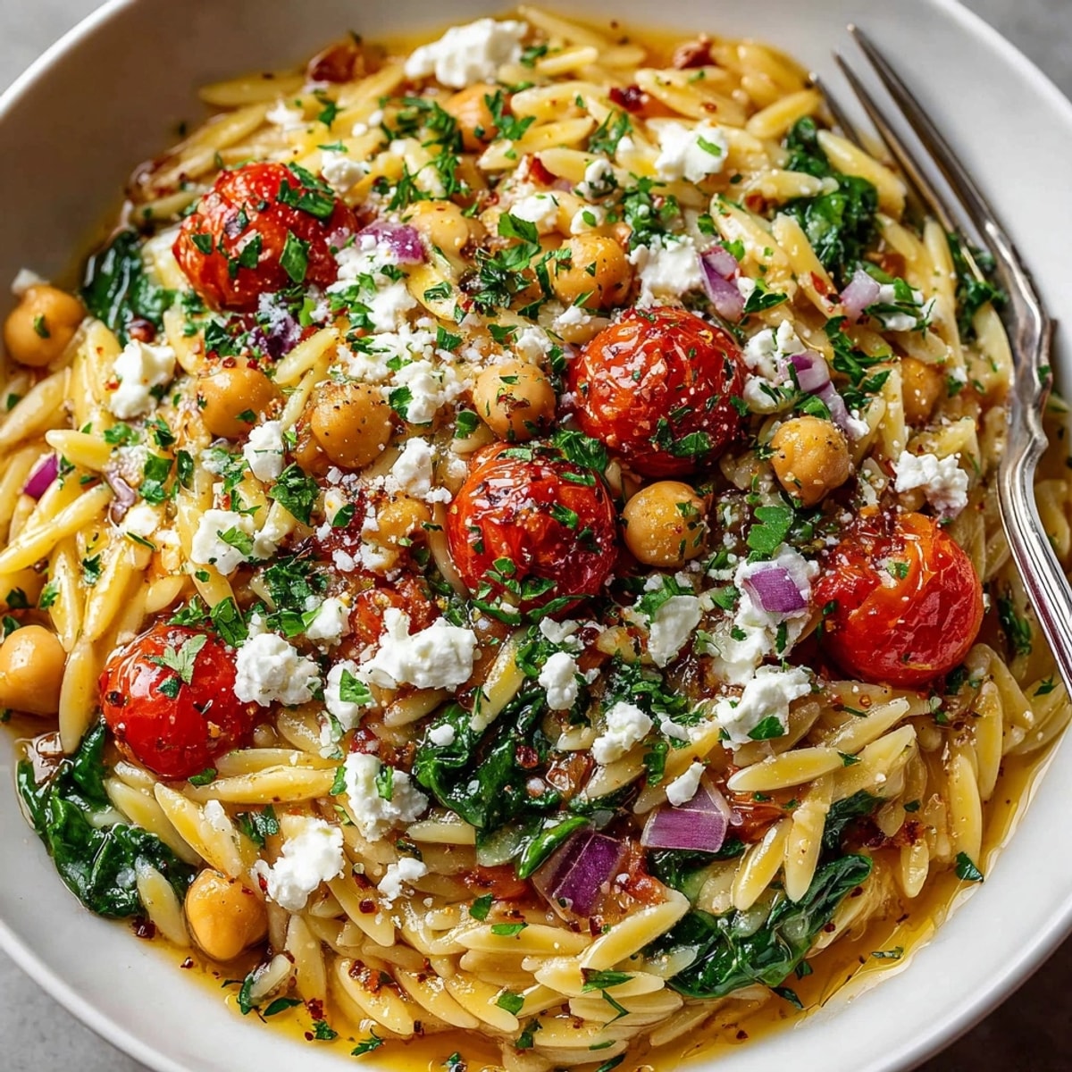 Golden, fragrant 15-Minute Lemon-Garlic Chickpea Orzo Skillet, brimming with vibrant tomatoes and spinach.