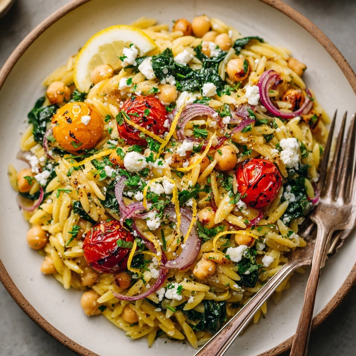 A close-up of a delicious 15-Minute Lemon-Garlic Chickpea Orzo Skillet, with visible chickpeas and lemon slices.