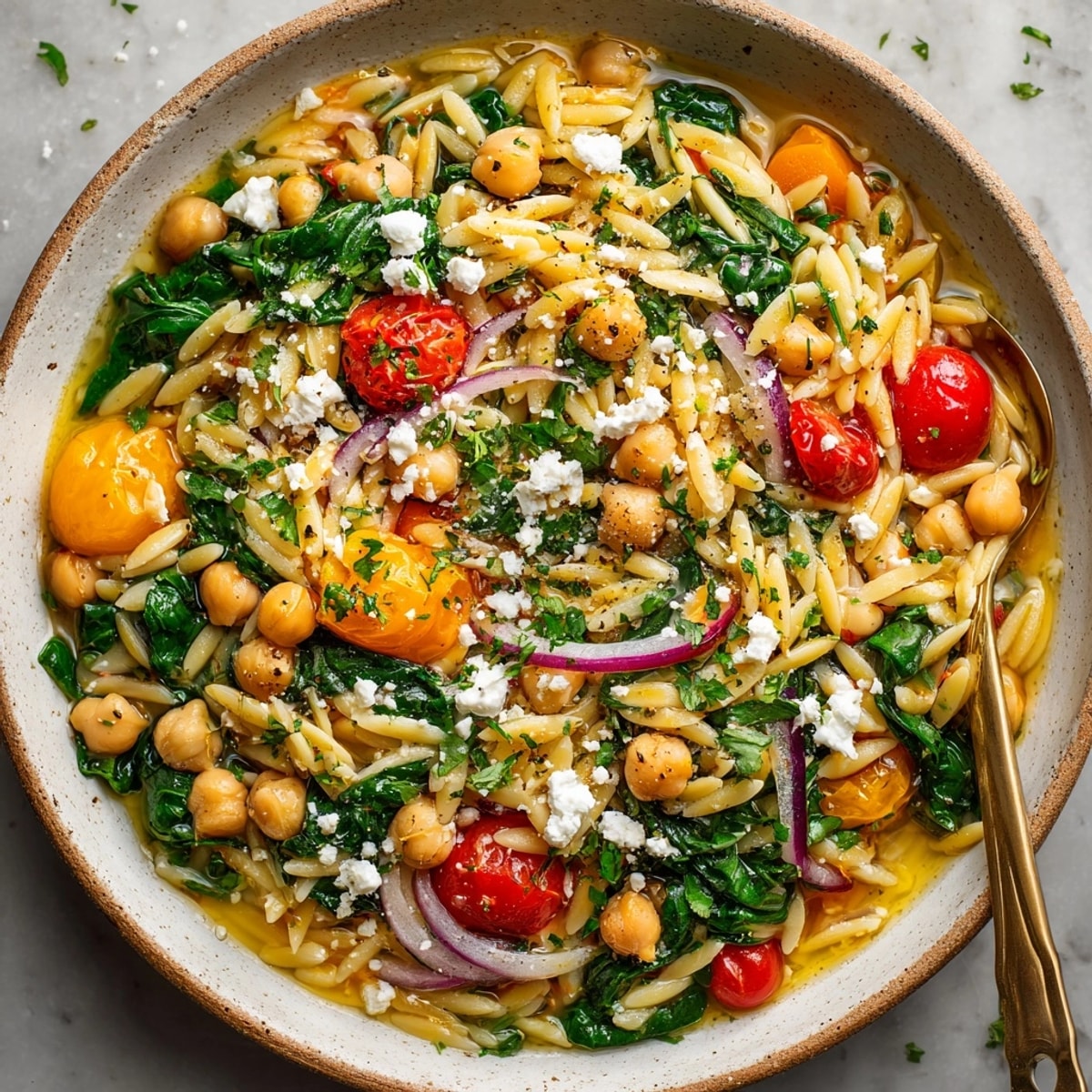 Steaming hot bowl of 15-Minute Lemon-Garlic Chickpea Orzo Skillet, garnished with parsley and ready to eat.