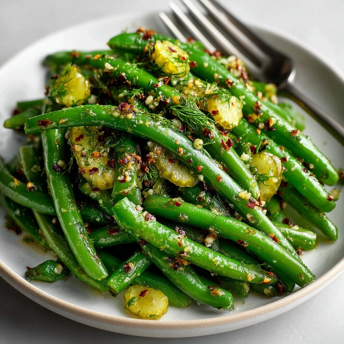 Close-up of glistening Garlic Butter Green Beans; crunchy, tangy pickles and garlic butter flavors bursting.