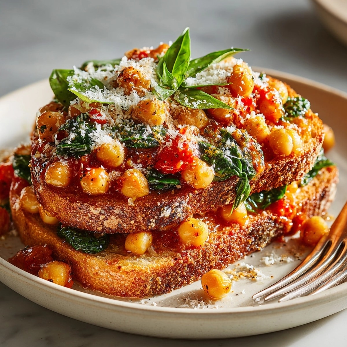 Creamy Tuscan Chickpeas on sourdough toast, topped with fresh basil, are ready for a delicious meal.