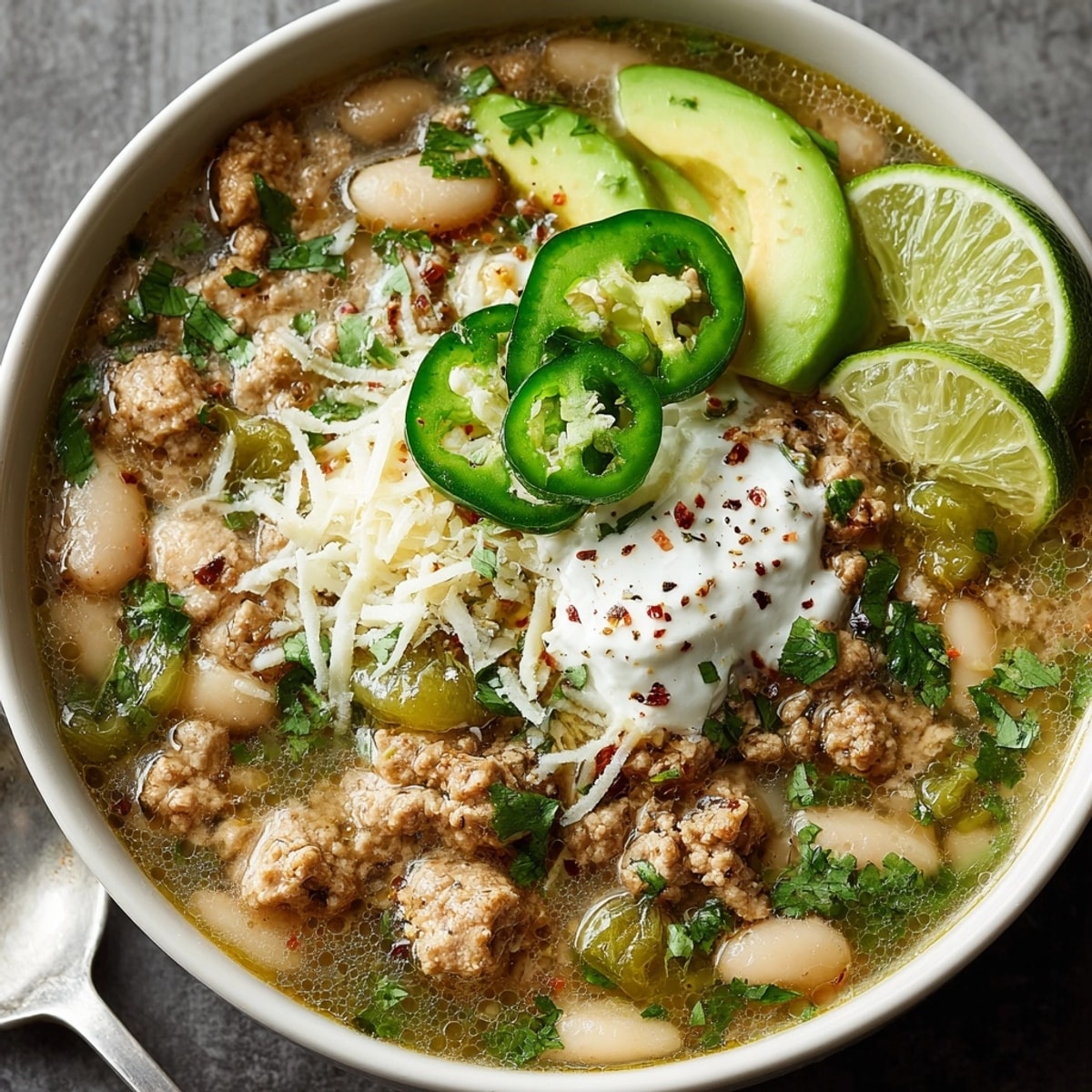 One-Pot White Bean Turkey Chili Verde with visible ground turkey and creamy beans, ready to eat.