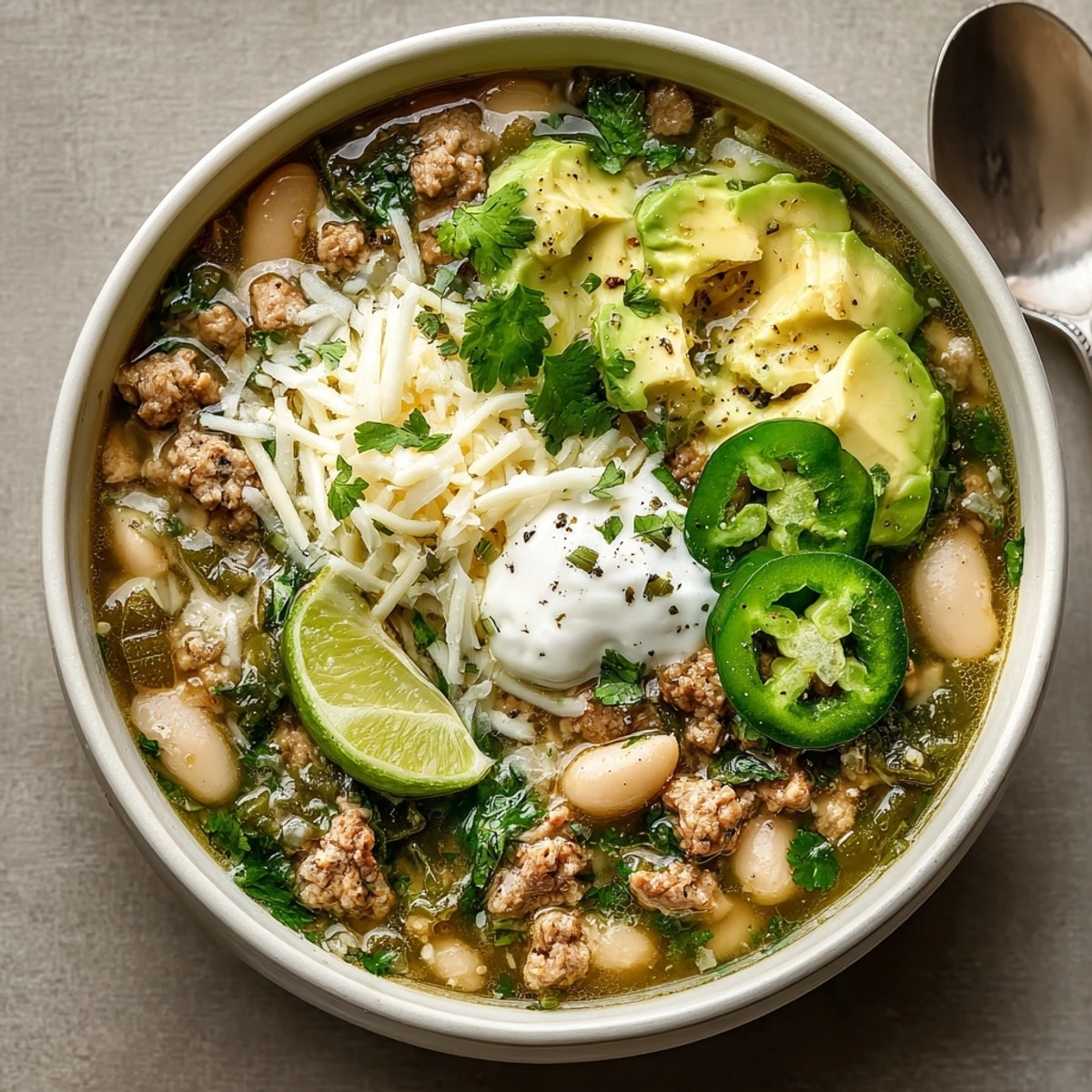 Close-up of the hearty One-Pot White Bean Turkey Chili Verde, showcasing the vibrant green chiles and toppings.