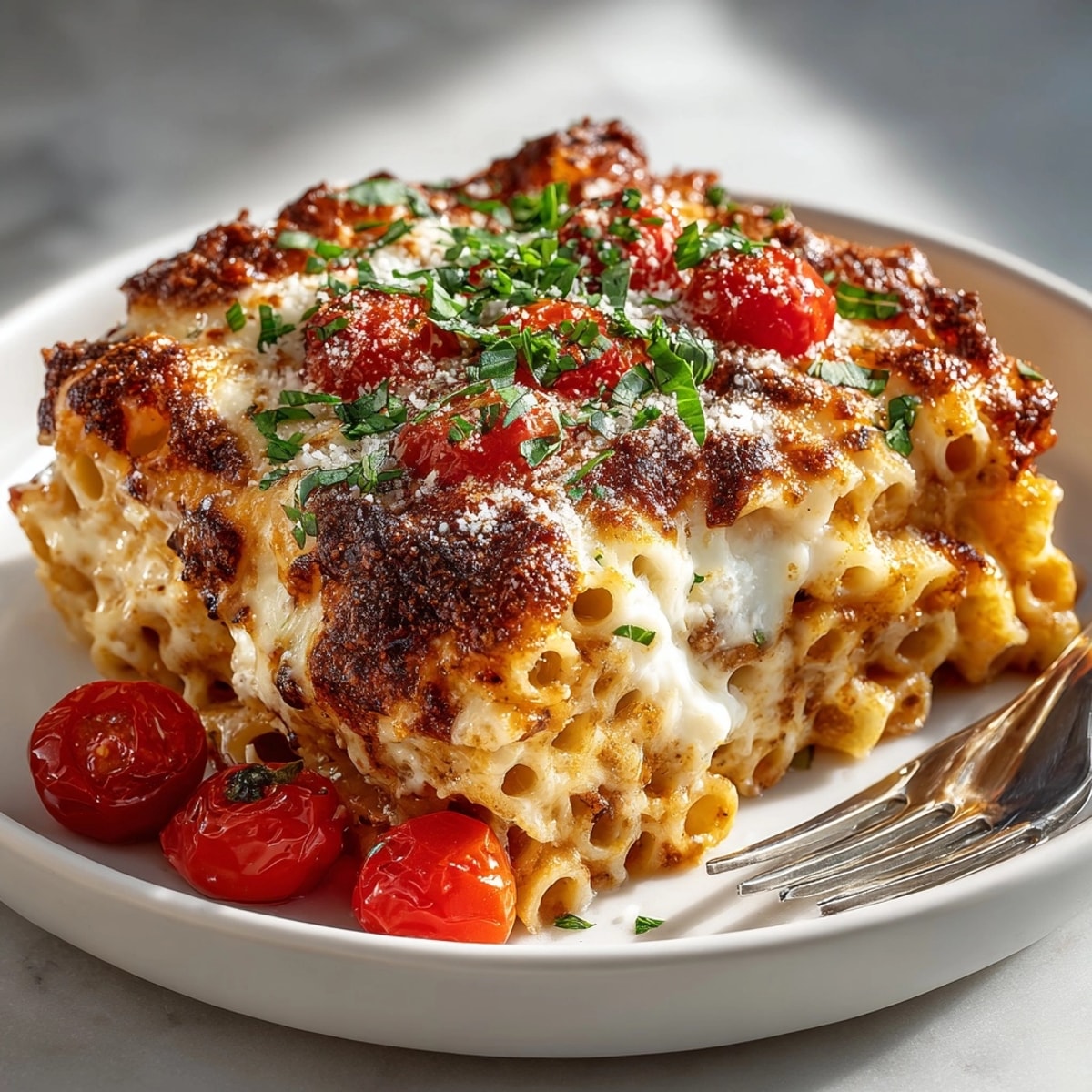 Golden, bubbly cheese tops this delicious weeknight baked ziti with a burst of juicy cherry tomatoes.