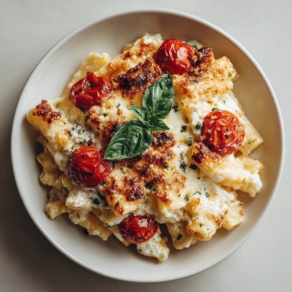 A close-up showcases the perfectly cooked weeknight baked ziti, smothered in rich tomato sauce.