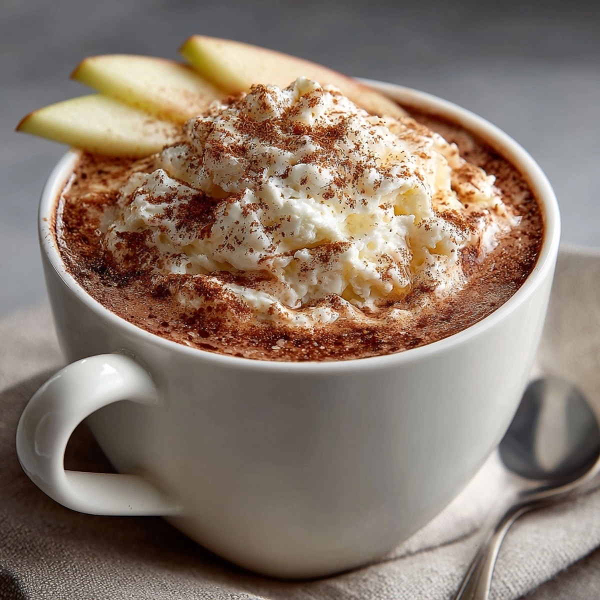 Steaming mug of Rebel Float Cinnamon-Apple Cocoa is topped with pillowy vanilla foam and apple garnish.