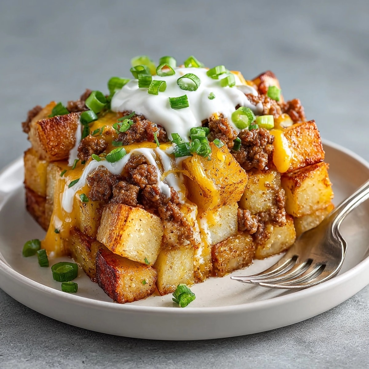 Cozy cheeseburger potato skillet with melted cheddar, pickles, and a flavorful aroma, a hearty dinner.