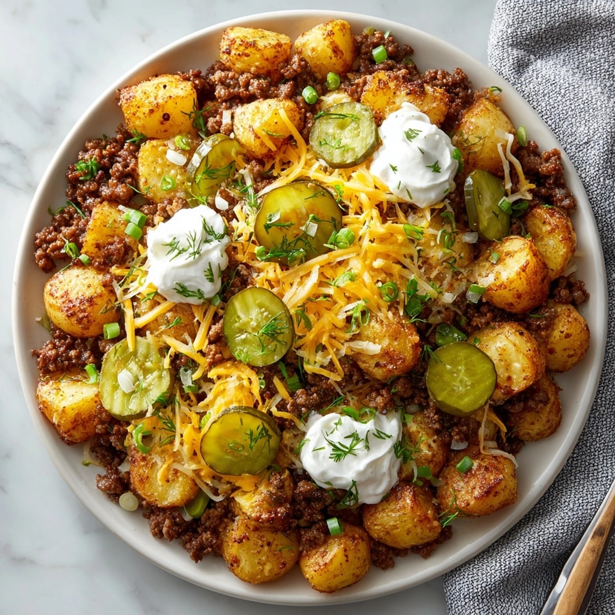 Golden potatoes and gooey cheese top a classic cheeseburger potato skillet, perfect for a weeknight meal.