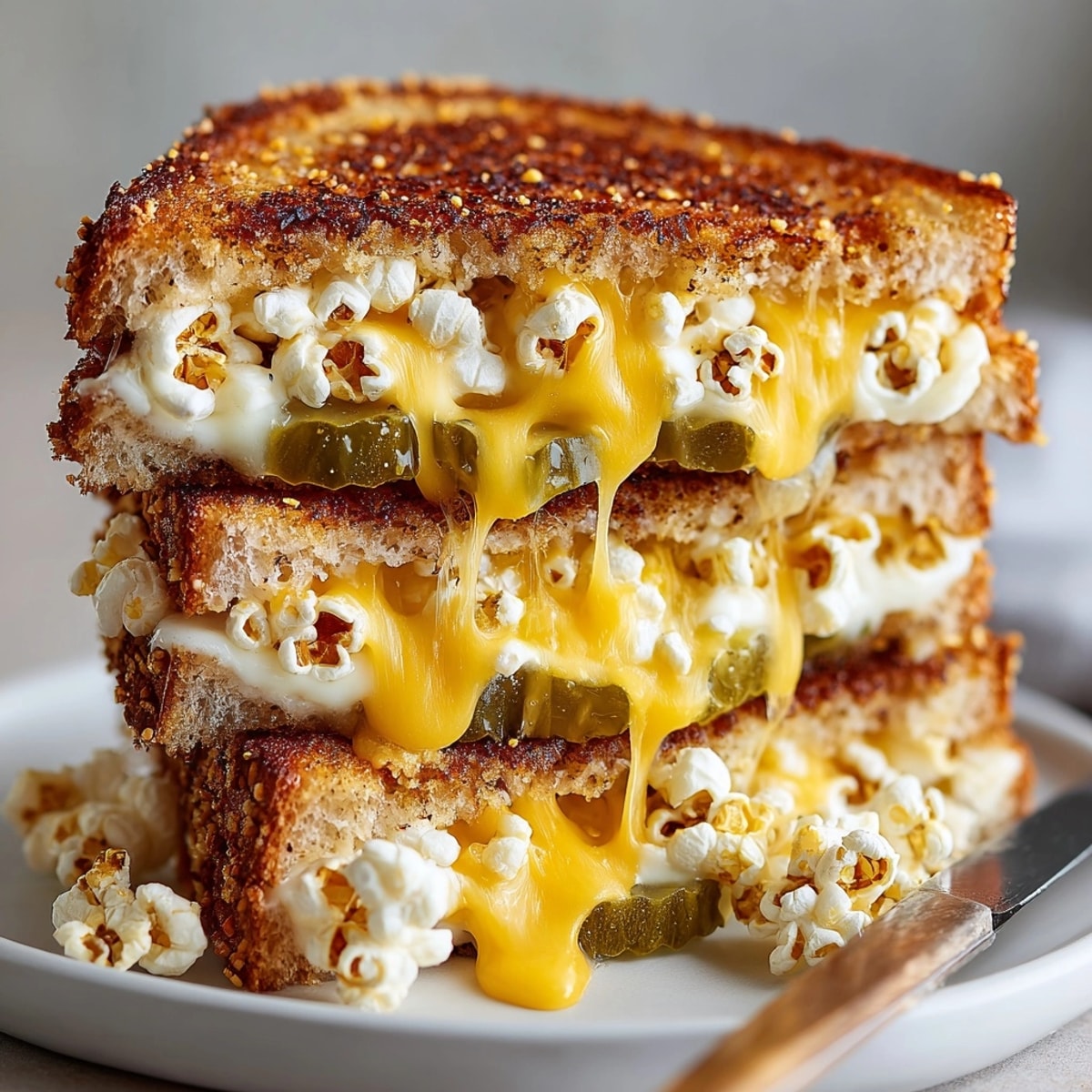Golden, bubbly Pickle Popcorn Grilled Cheese bursting with melty cheddar and tangy pickles.