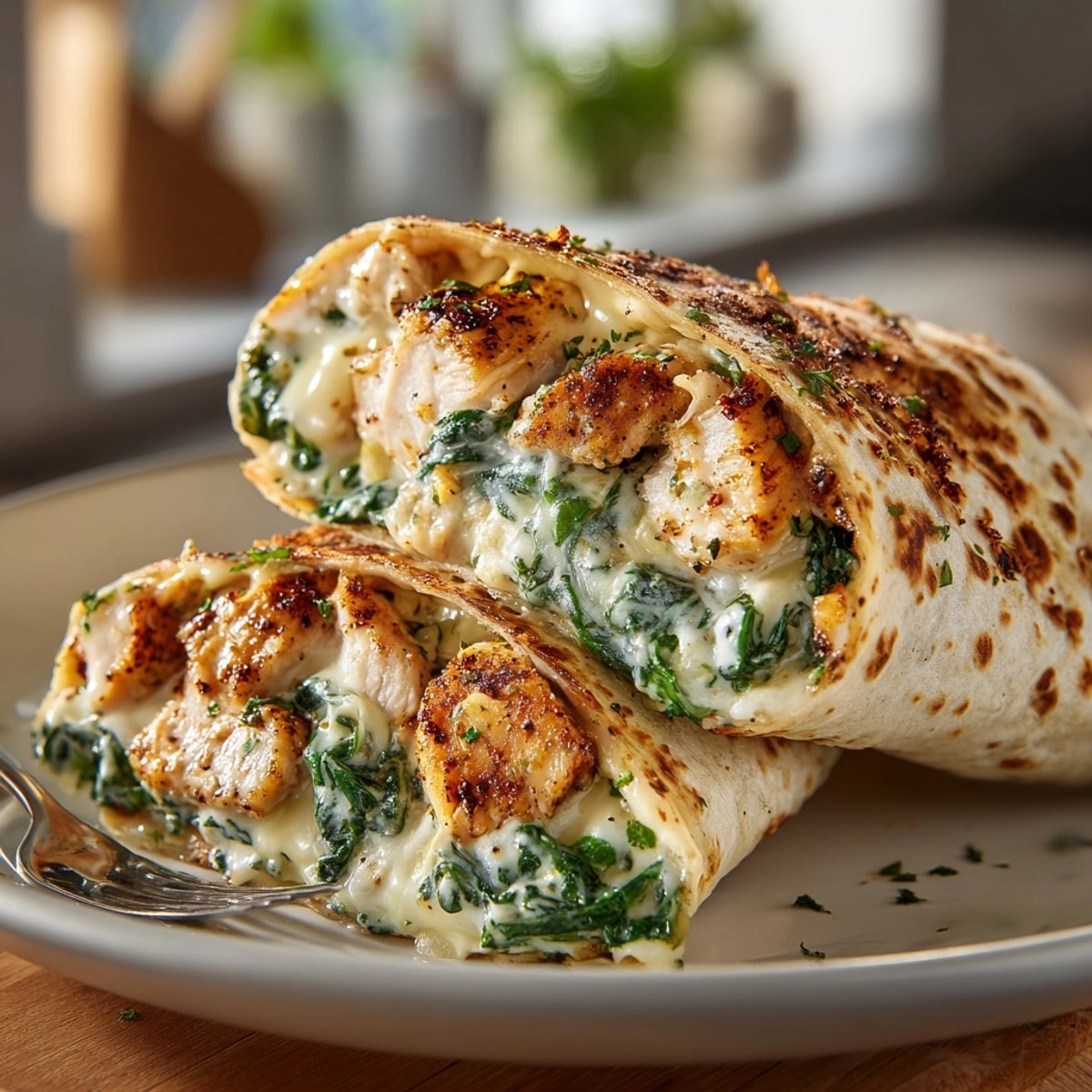 Creamy Comfort Food Chicken Alfredo Wraps, sliced to reveal cheesy filling, perfect for a satisfying lunch.