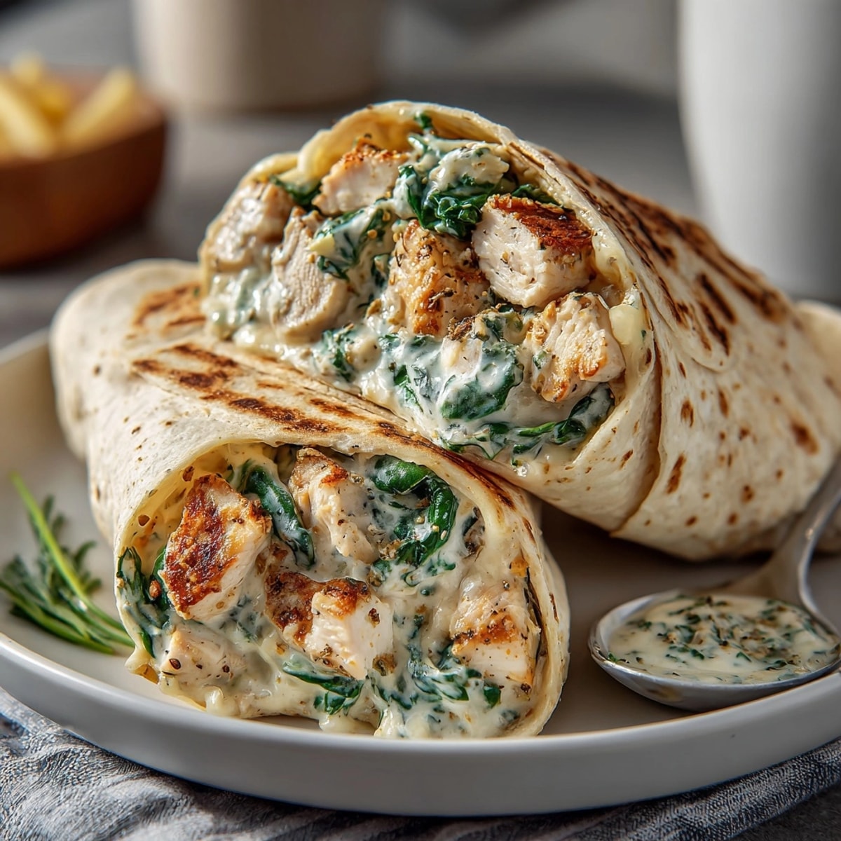A close-up of warm Comfort Food Chicken Alfredo Wraps, ready to eat with melted cheese dripping.
