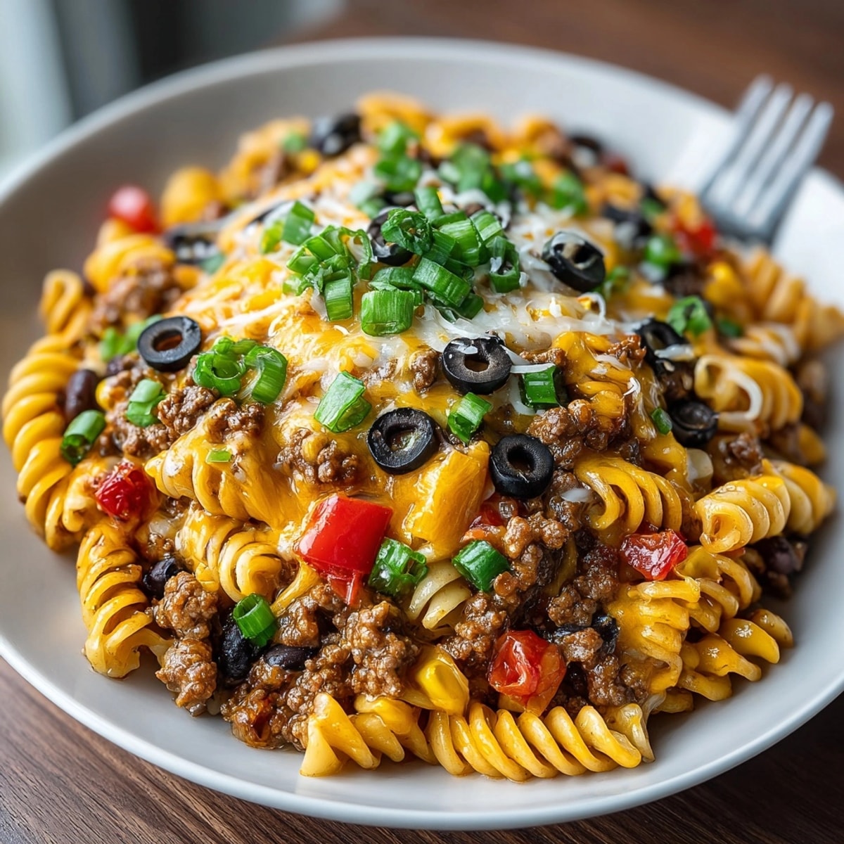 A hearty Halloween Taco Pasta with melted orange cheddar and vibrant taco spices.
