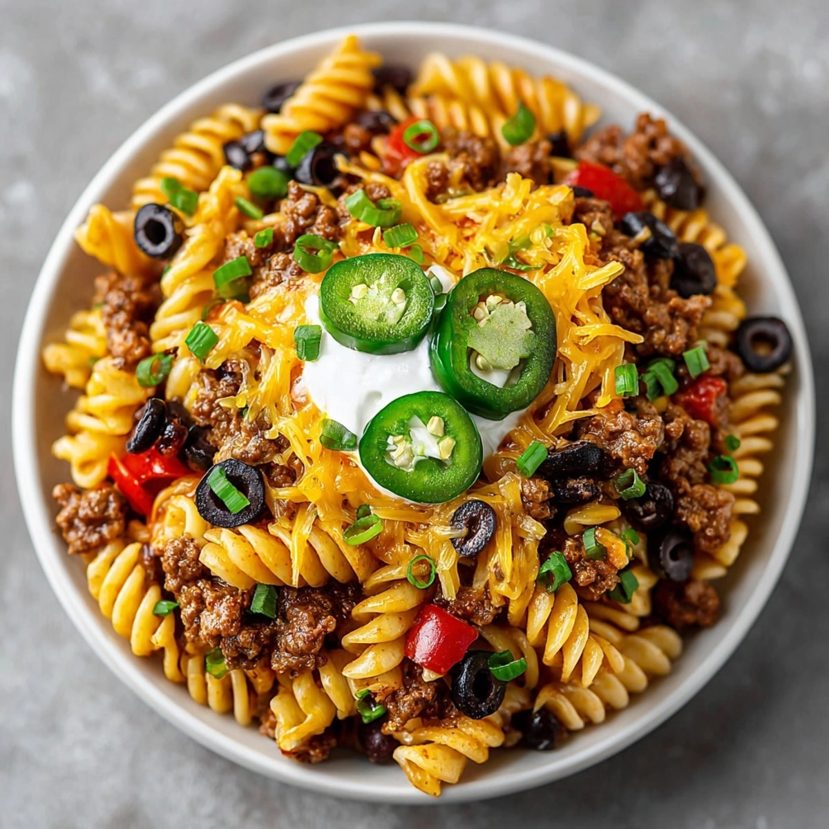 The creamy Halloween Taco Pasta is a colorful swirl of pasta, meat, and a cheese topping.