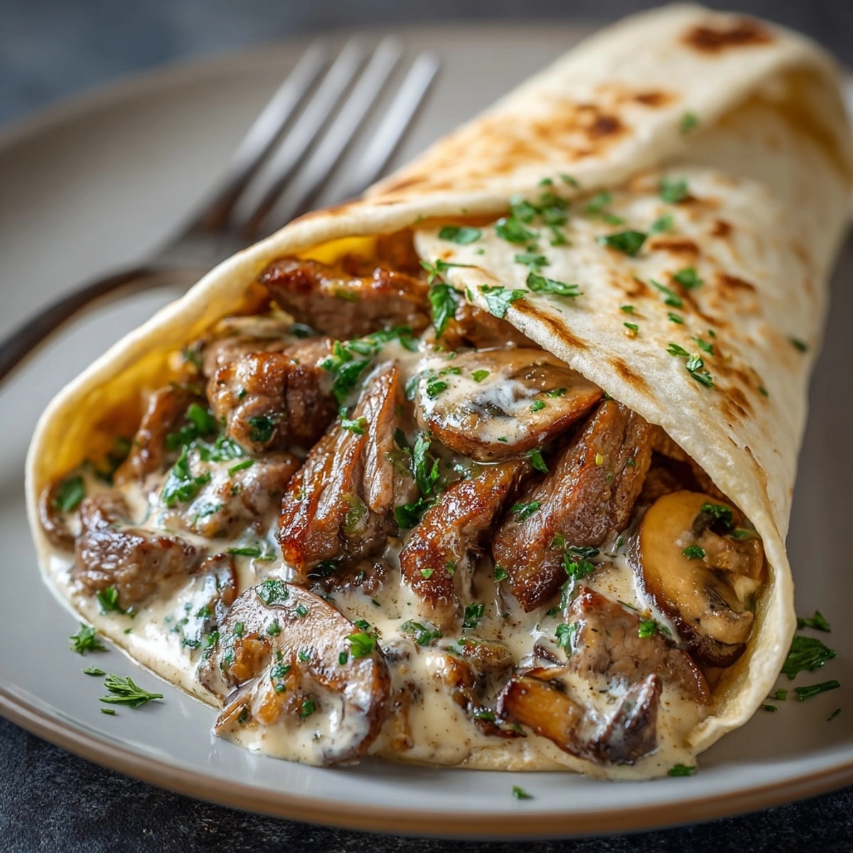 Delicious Budget Beef Stroganoff Comfort Wraps, featuring creamy beef and mushroom filling inside warm tortillas.