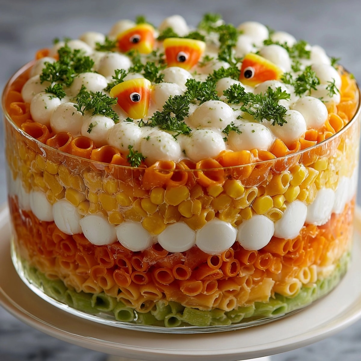 Vibrant Halloween Candy Corn Pasta Salad layered in a clear dish, ready for your spooky gathering.