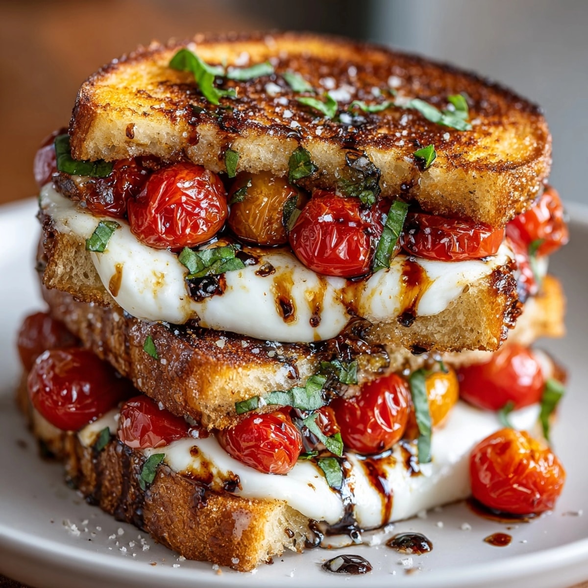Grilled cherry tomato Caprese grilled cheese, a delightful sandwich with melted mozzarella and fragrant basil.