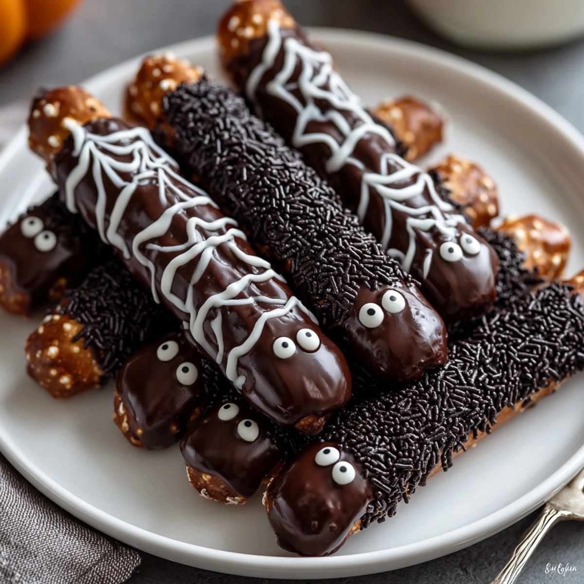 Spooky Spider Leg Chocolate Pretzel Wraps, dark chocolate-covered, sprinkled with black accents, ready to devour.