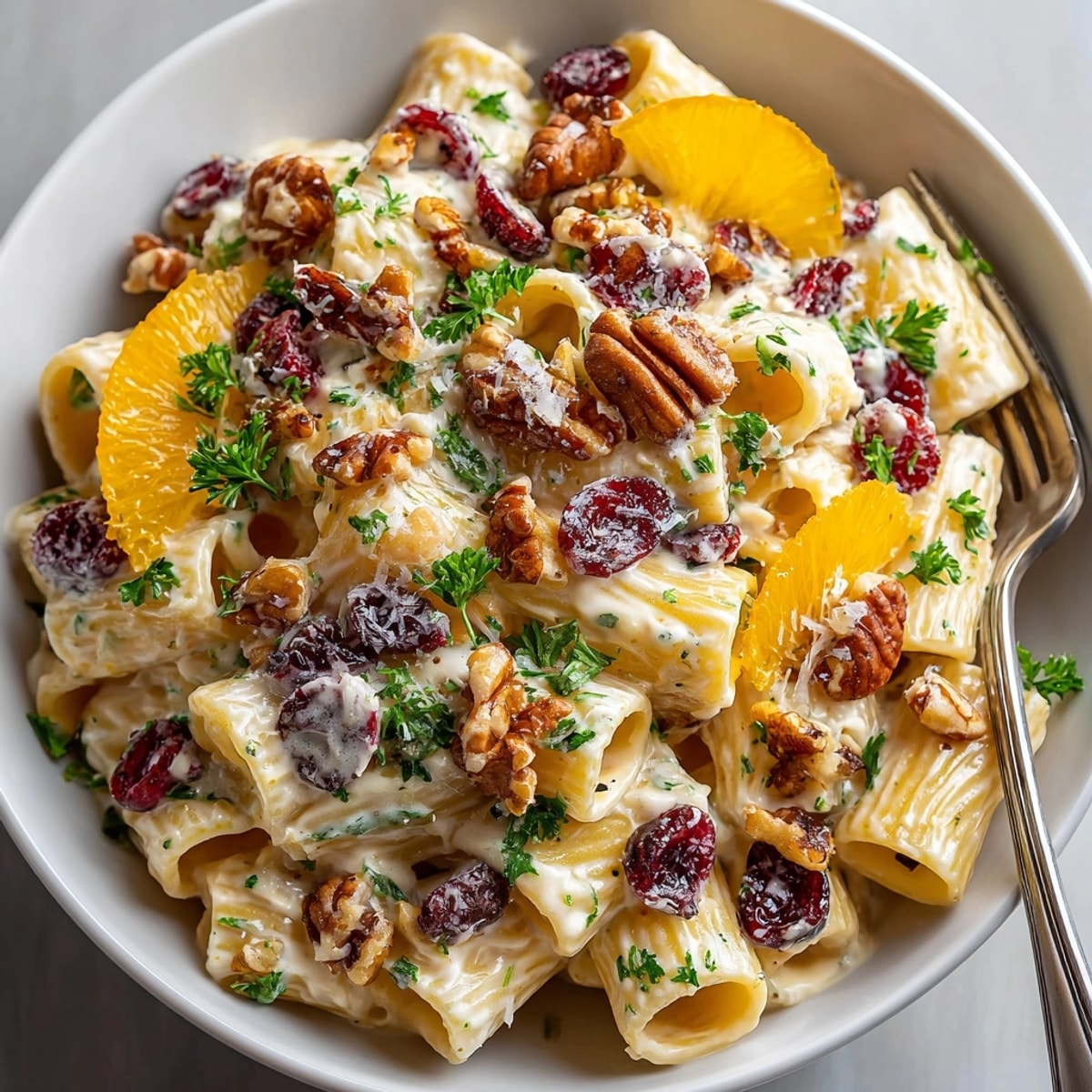 Thanksgiving Cranberry Cream Cheese Pasta: a vibrant, creamy plate with scattered toasted pecans.
