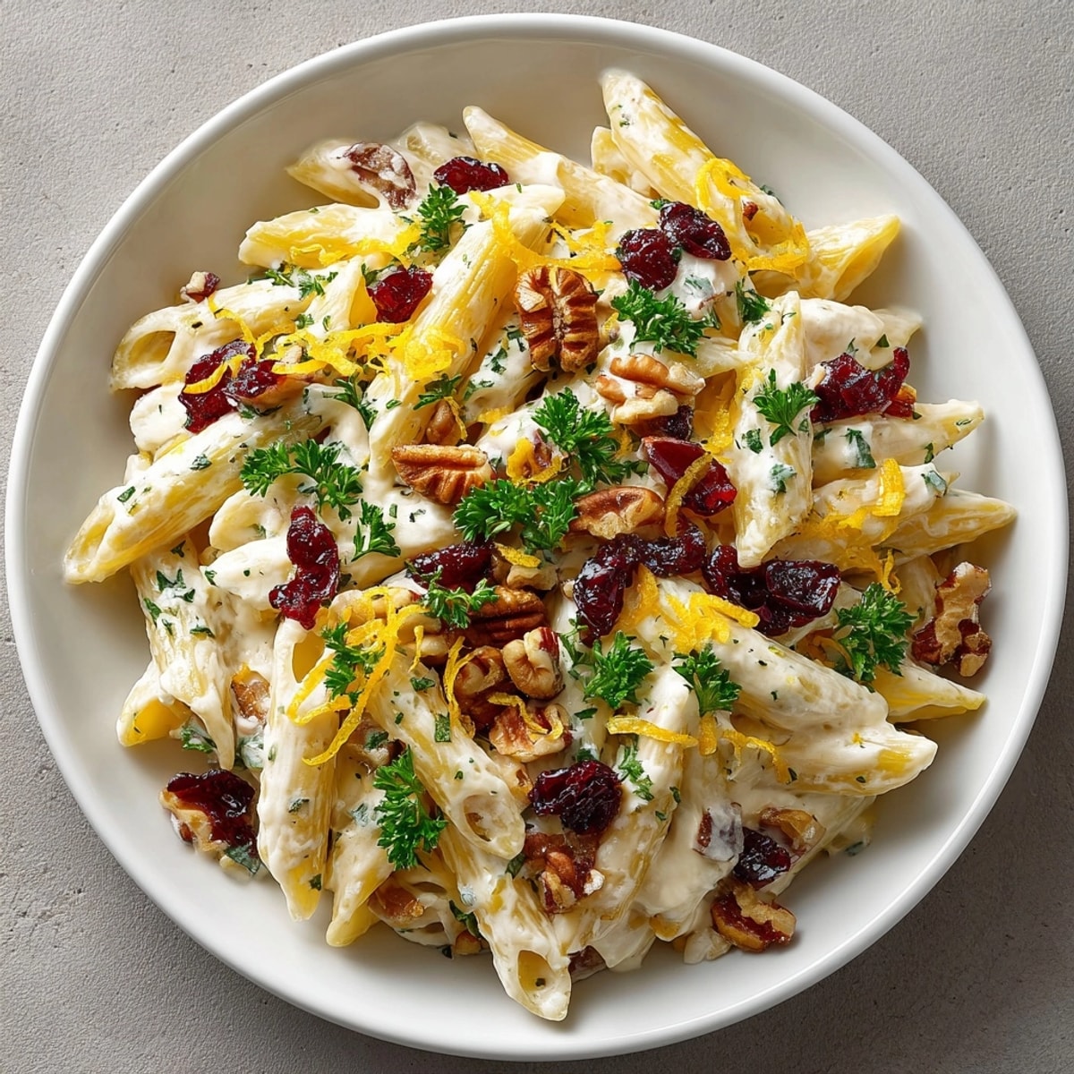 Creamy Thanksgiving Cranberry Cream Cheese Pasta with bursts of cranberry color, ready to serve.