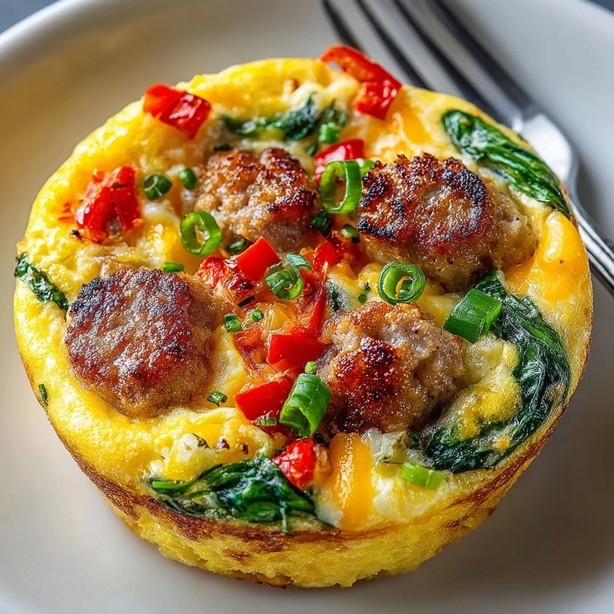 Fluffy egg and sausage breakfast muffins, packed with cheese, ready for a delicious morning meal.