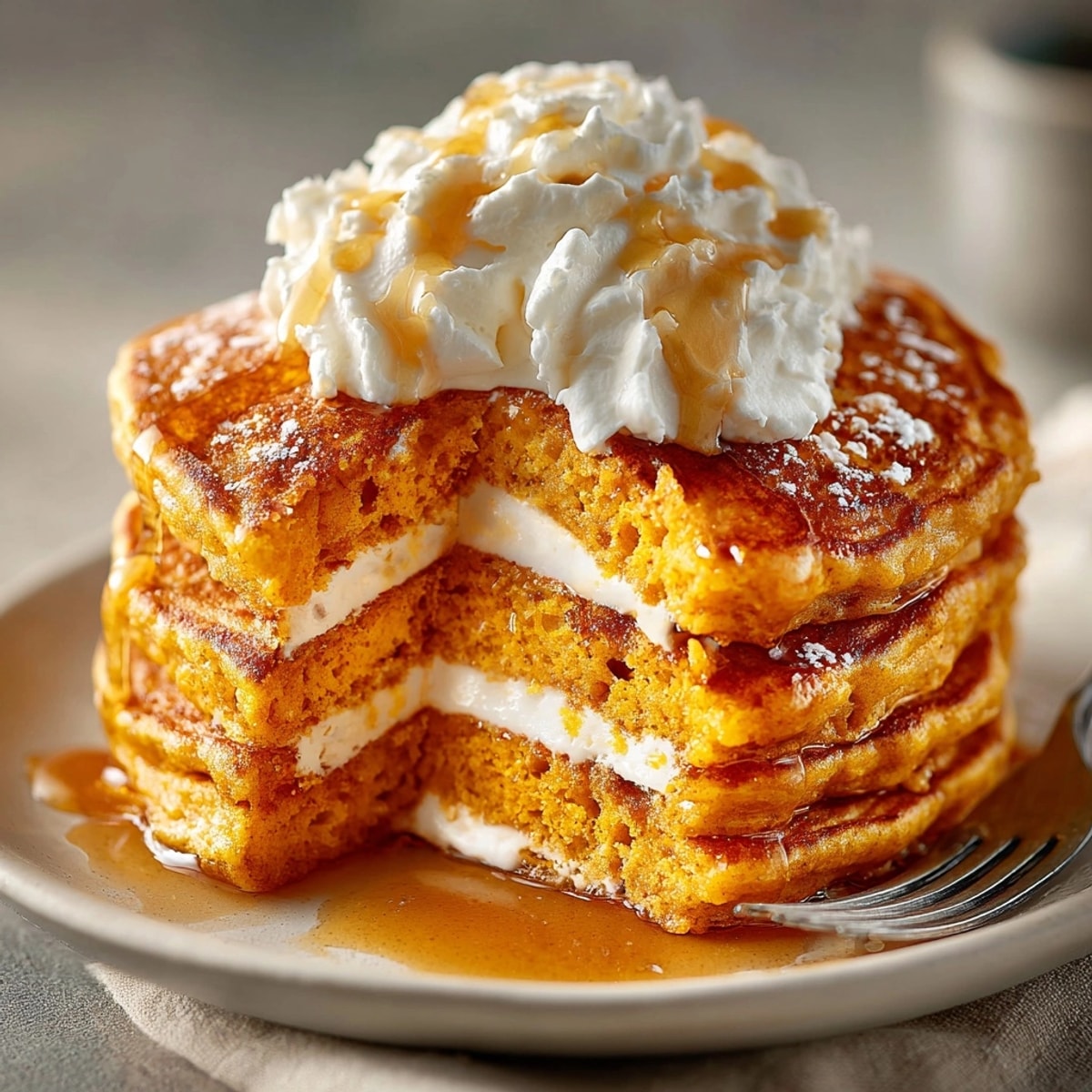 Golden Pumpkin Spice Pancakes, perfectly stacked, are drizzled with sweet and creamy maple butter.